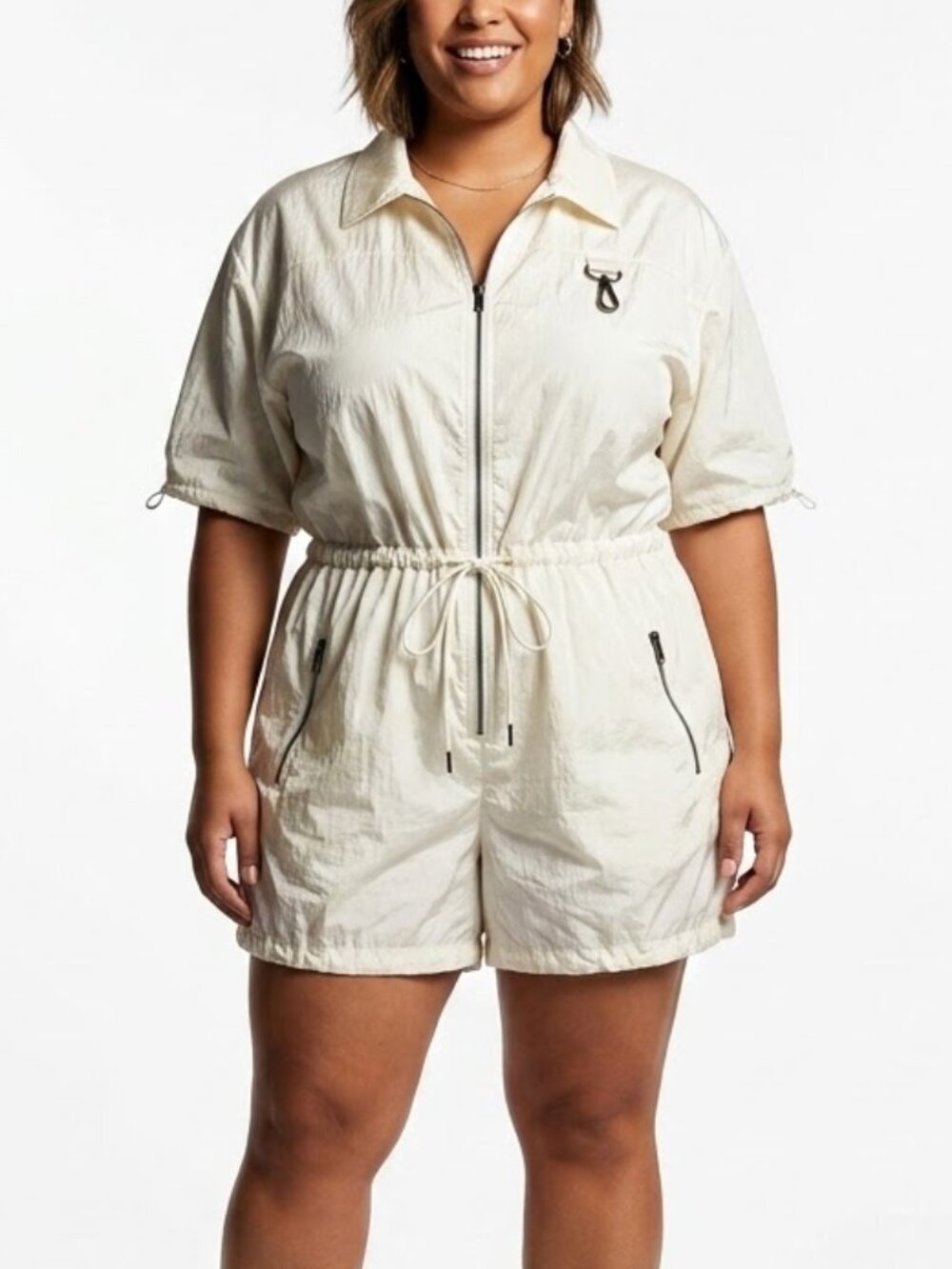 Forever 21 Gorpcore Nylon Utility Romper XL Cream Zip Up Drawstring Jumpsuit